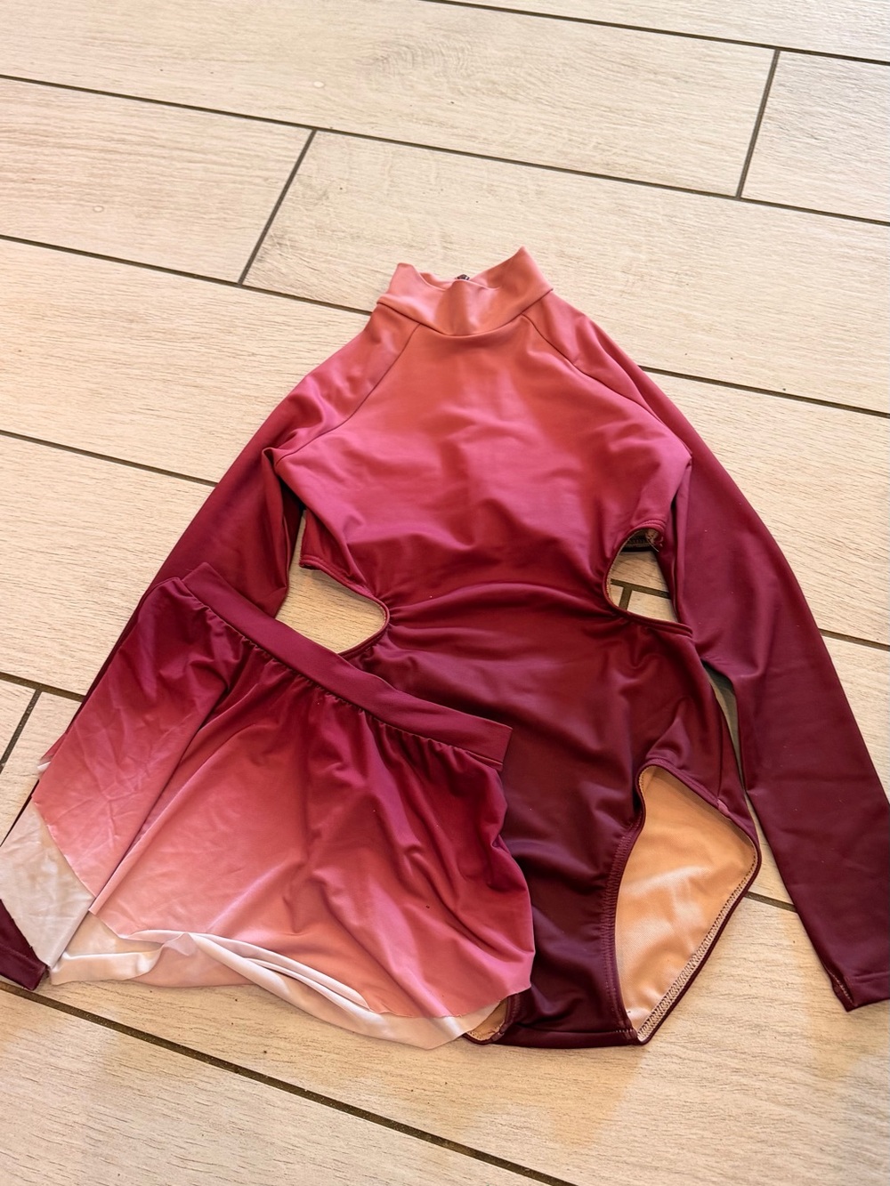 Balera Burgundy to Pink Ombre Long-Sleeve leotard  with Skirt.